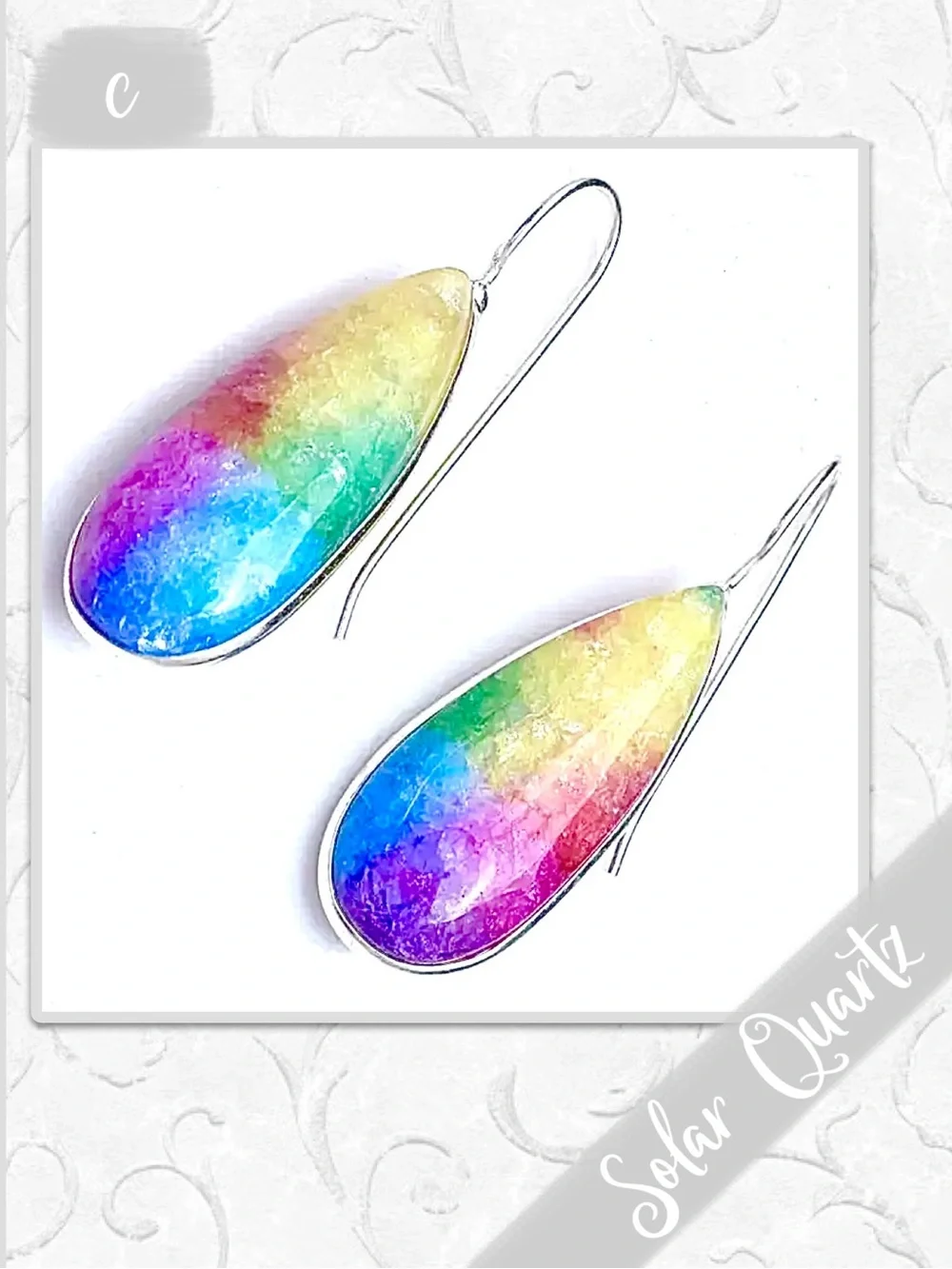 Rainbow Solar Quartz Silver Drop Dangle Earrings, Blue, Green, Yellow, Red, Pink